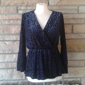 NWT Blue & Black Velvet Faux Wrap Peplum Blouse